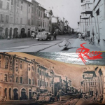 Scorcio di una cartolina antica di Via Bixio - Parma