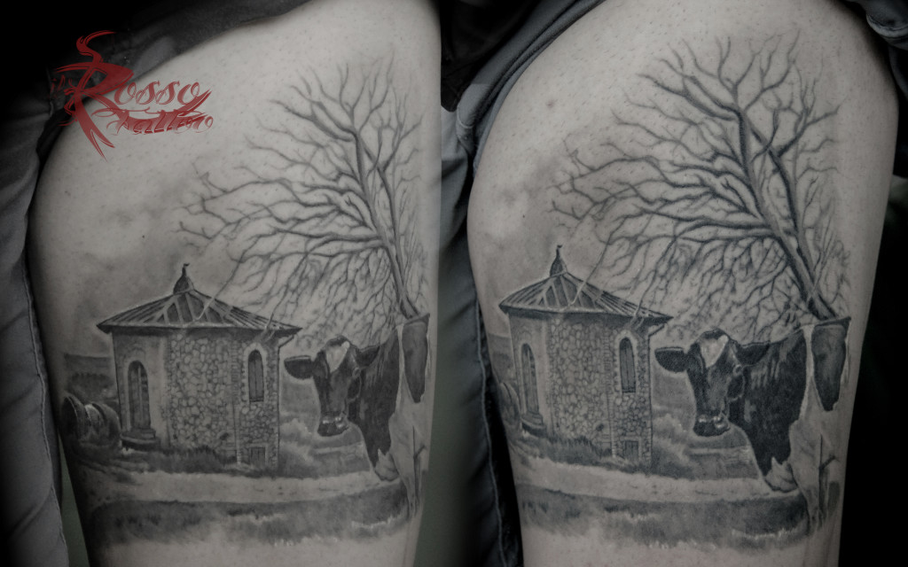 Tattoo con paesaggio in provincia di Parma con mucca - Guarito